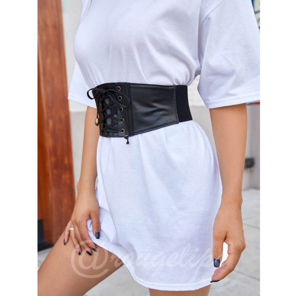 Black Lace Up PU Leather Wide Belt Corset Style - Picture 4 of 5